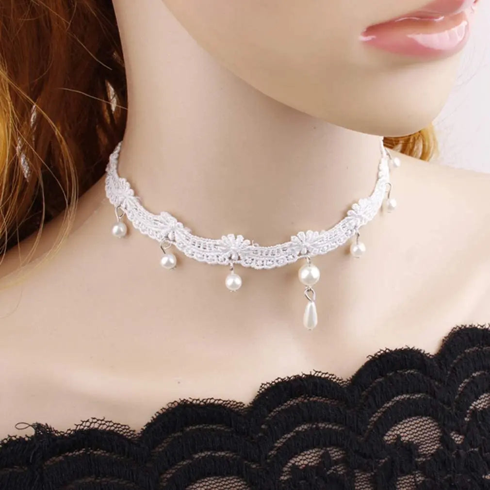 Flyshadow Elegant White Lace Choker Necklace With Imitation Pearls Gothic Pearl Tassel Choker Lolita Necklace Cosplay Party Jewelry Gifts