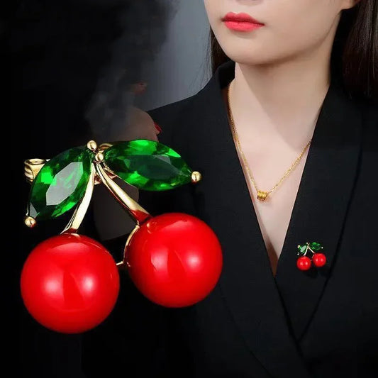 Flyshadow Red Cherry Brooches For Women Enamel Brooch Imitation Crystal Rhinestone Fruit Badges  Alloy Accessories Party Gift Jewelry