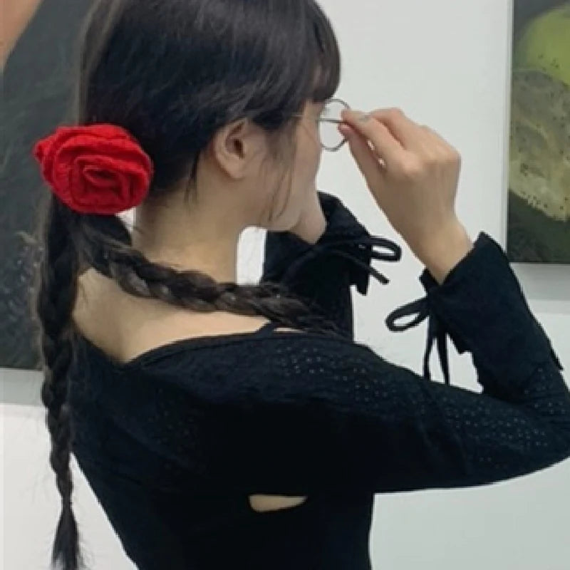 Flyshadow Red Flower Women's Hair Tie Korean Fashion 2024 Fabric Designer Luxury Banquet Gift Hair Tie For Femme Headwear Accessories