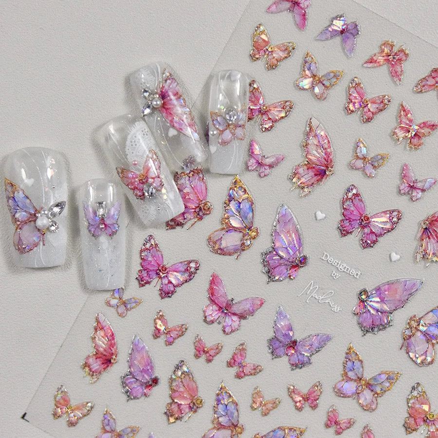 Flyshadow Flash Fragment Shell Light Butterfly High Quality Nail Stickers Spring Nail Art Decal Design Manicure Tool T-3770