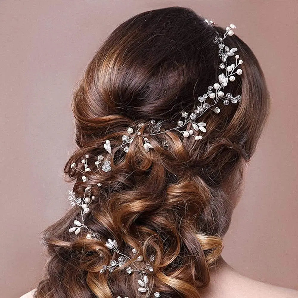 Flyshadow 50/100/150cm Fashion Handmade Crystal Pearl  Wire Vines Hairband Wedding Hair Jewelry for Brides Wedding Hair Accessories