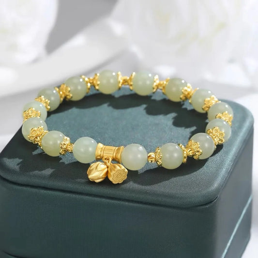 Flyshadow Elegant Imitation Hetian Jade Bracelet with Lotus Charm for Women Charm Bead Jewelry for Dress Accessories Hot Sales Gifts Fast