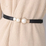 Flyshadow Solid Color Women Fashion Elegant Double Pearls Buckle Elastic Belts Thin Straps Lady Girl Dress Skirt Decor Waistbands Trouser