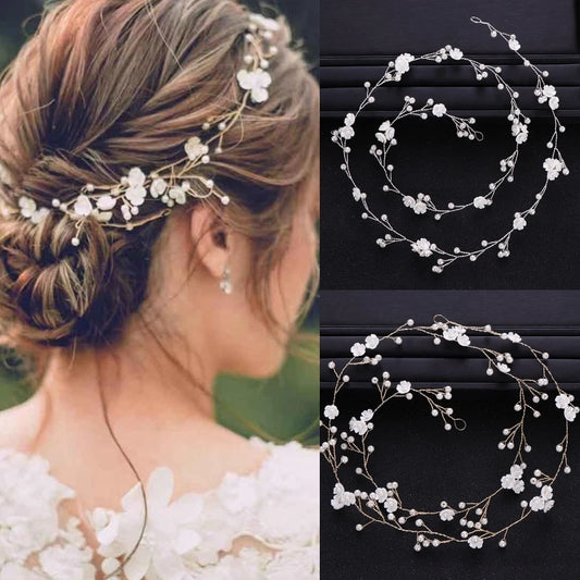 Flyshadow Silver Gold Color Pearl Flower Hair Vine Band Headband For Women Party Queen Bridal Wedding Hair Accessories Jewelry Vine Band