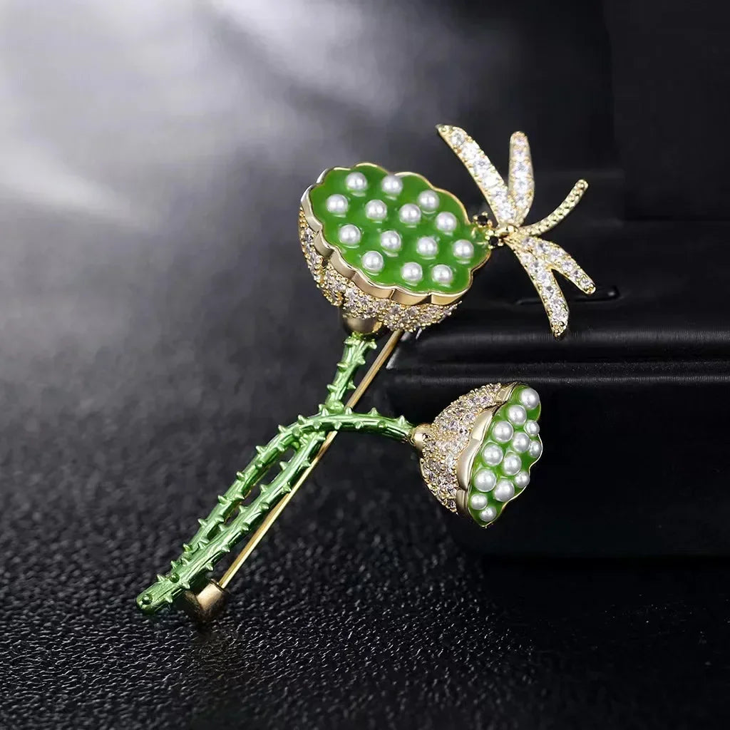 Flyshadow Summer Fashion Fresh Lotus Seed Dragonfly Enamel Colored Zircon Breast Pin Women's Breast Flower Summer Suit Pin Accessories