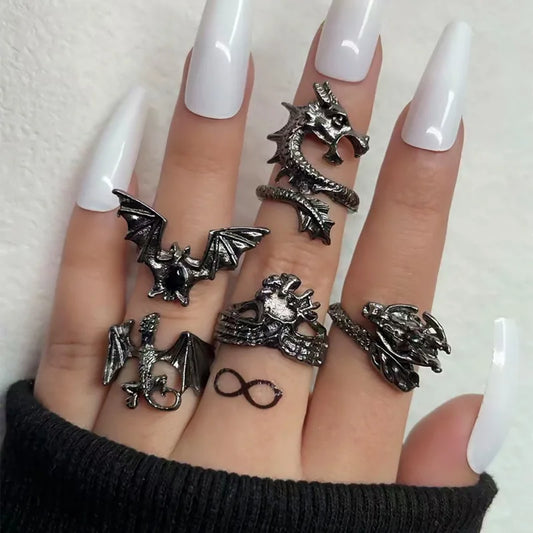 Flyshadow 5pcs/set Vintage Dragon Bat Rings for Women Gothic Adjustable Animal Finger Opening Ring Punk Party Jewelry Set Accessories
