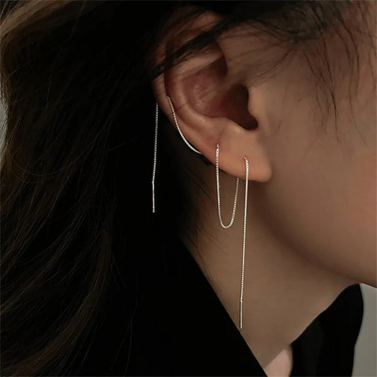 Flyshadow Minimalist Style Tassel Ear Wire Silver Color Alloy Stud Earrings For Women Fashion Jewelry Trend Accessories