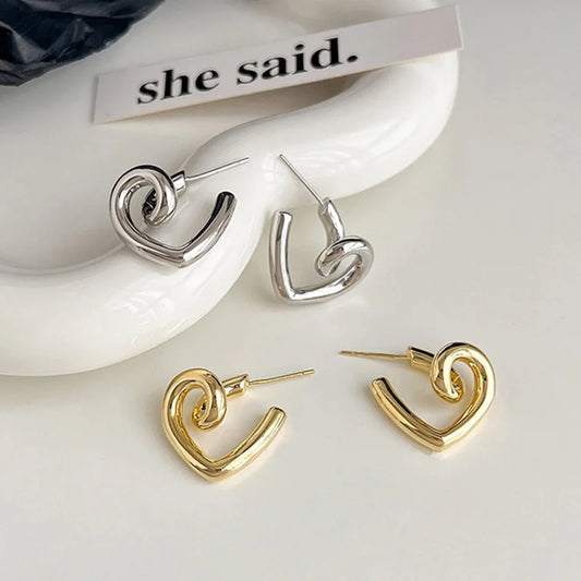Simple Twisted Gold Color Love Heart Earrings Retro Geometric Earrings For Women Trendy Jewelry Party Accessories