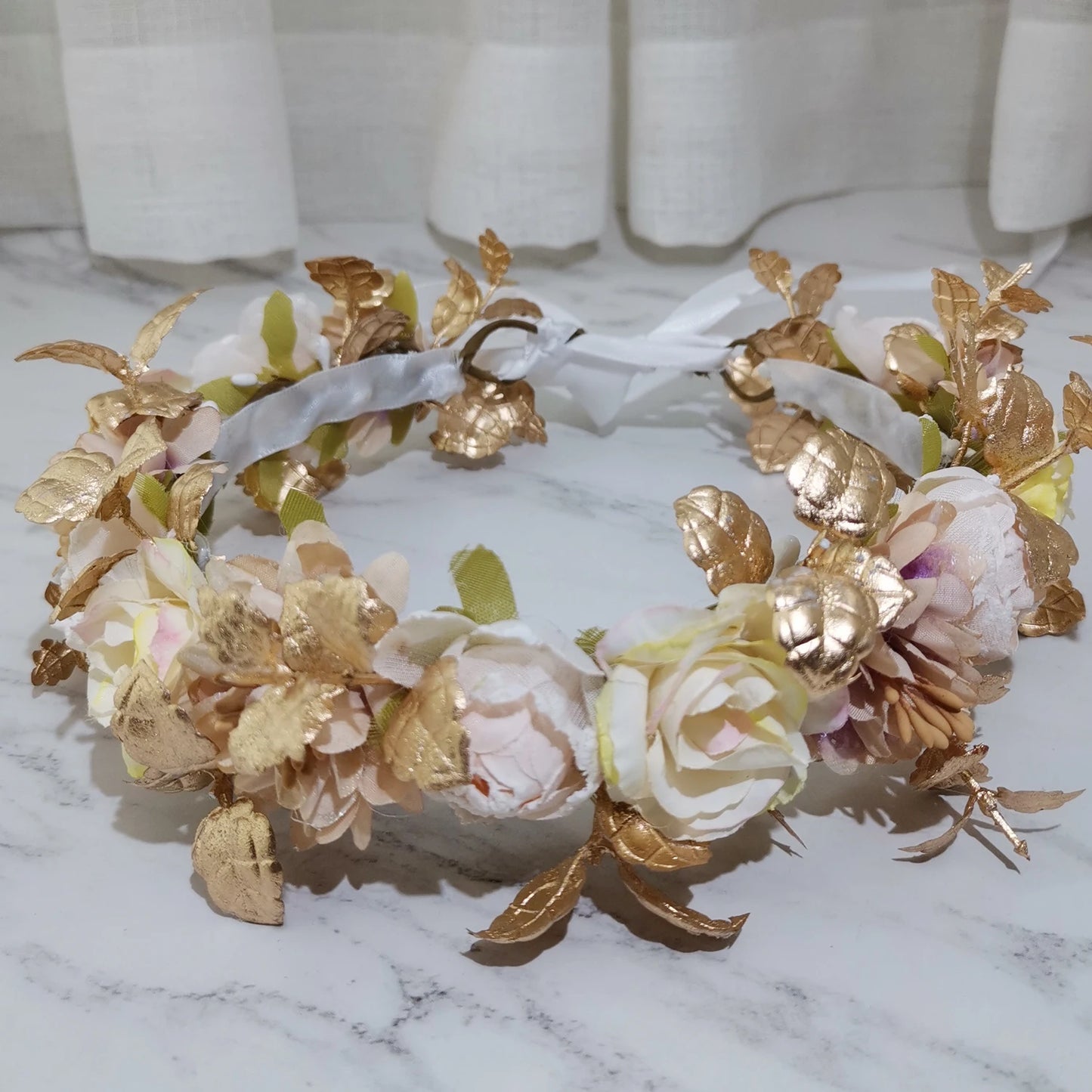 Flyshadow Gold Leaf Flower Crown For Girl Dress Hair Accessories Wedding Bridal Headband Headdress Ornament Kids Children Floral Garland