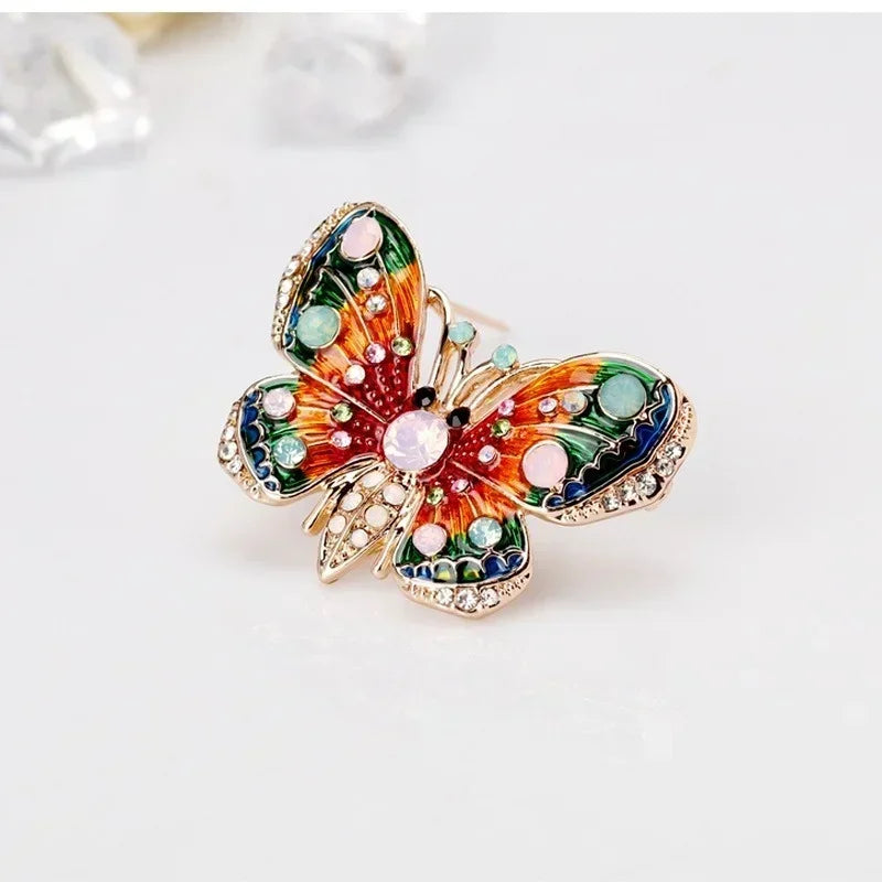 Flyshadow Women Creative Vintage Fashion Diamond Drip Oil Colored Butterfly Brooches Enamel Style Versatile Pins Suit Jewelry Accessories