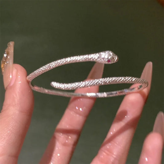 Flyshadow Fashionable Silver Color Snake Shape Cuff Bracelet Simple Red Crystal Adjustable Bracelet For Women Elegant Jewelry