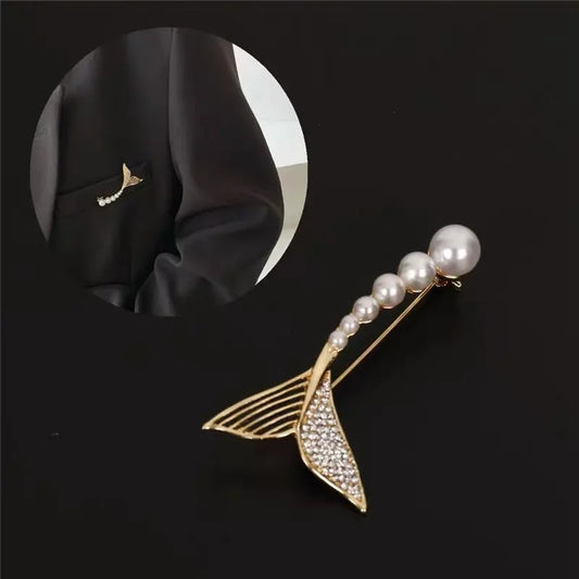 Flyshadow Trendy Luxury Brooch For Women High-end Cute Fish Tail Pearl Gender pin Collar Button Scarf Buckle Accessories Party Gift