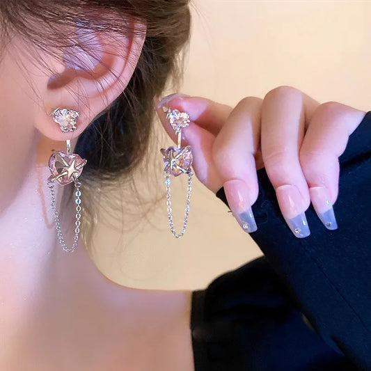 Flyshadow Pink Heart Zircon Chain Tassel Earrings for Women Romantic Design Two-Wear Long Pendant Earring Fashion Jewelry