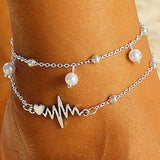 Flyshadow Fashion Bohemian Wave Anklets Bracelet For Women Simulation Pearl Heart Beads Leg Chain Two Layers Beach Summer Foot Jewelry