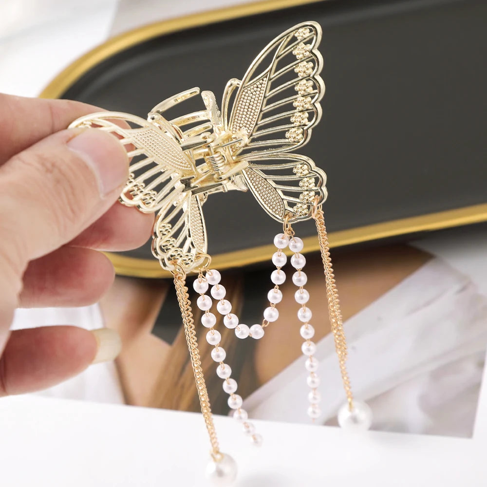 Flyshadow Hollow Butterfly Tassel Hair Clip Claw Golden Fashion Ponytail Hairpin Girls Party Rave Accessories Styling Tools Hair Crab