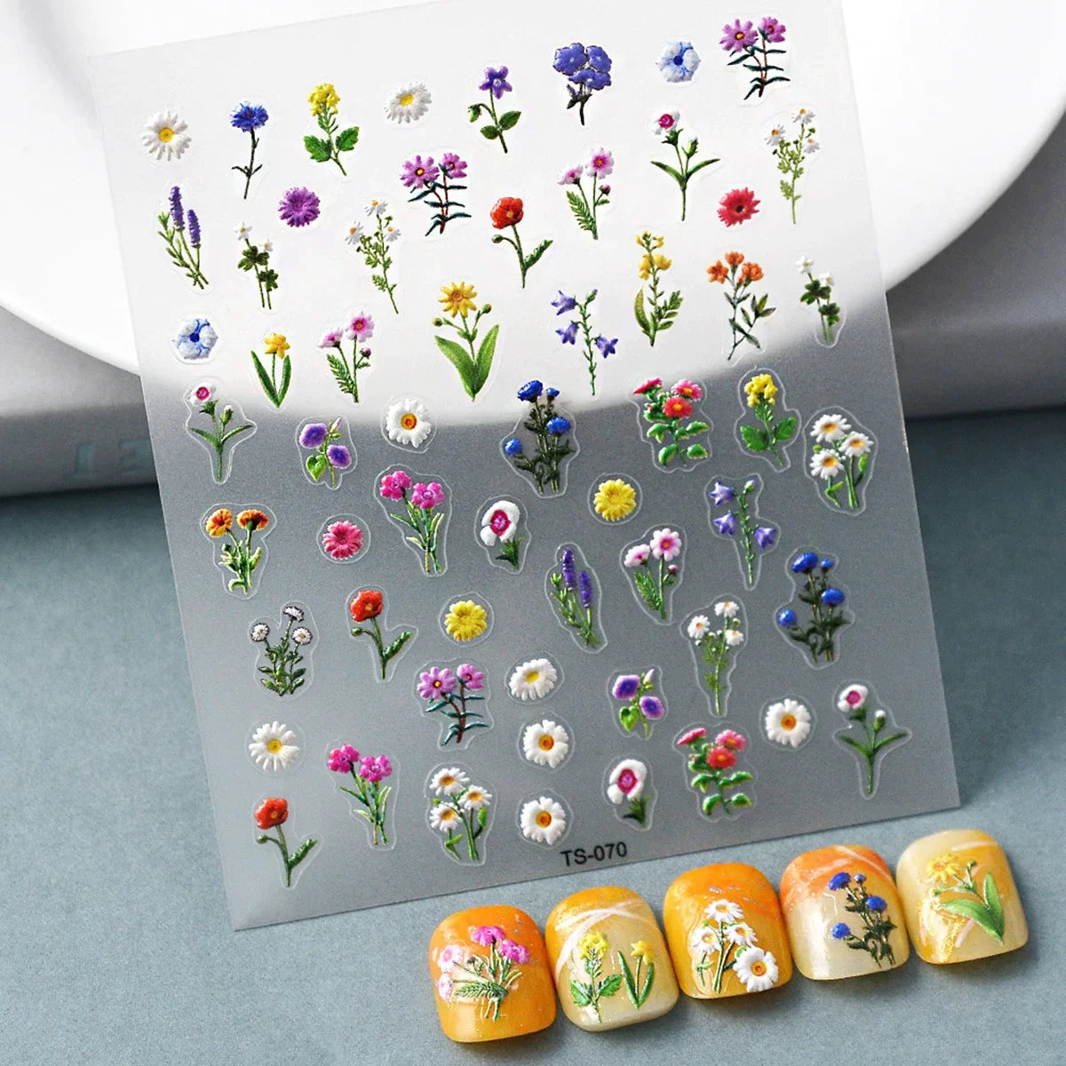Flyshadow 1pcs 5D Embossed Colorful Daisy Nail Art Flower Stickers Mix Petal Leaf Self Adhesive Transfer Nail Decoration Slider Decals DIY