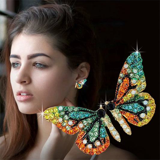 Flyshadow Retro Shiny Rhinestone Butterfly Stud Earring Colorful Crystal Green Insect Ear Studs For Women Girls Charm Jewelry