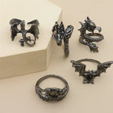 Flyshadow 5pcs/set Vintage Dragon Bat Rings for Women Gothic Adjustable Animal Finger Opening Ring Punk Party Jewelry Set Accessories