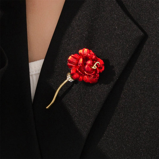 Flyshadow Women Stylish Faux Pearl Red Rose Flower Brooches Luxury Glossy Shawl Scarf Shirt Buckle Lapel Pin Corsage Suit Accessories