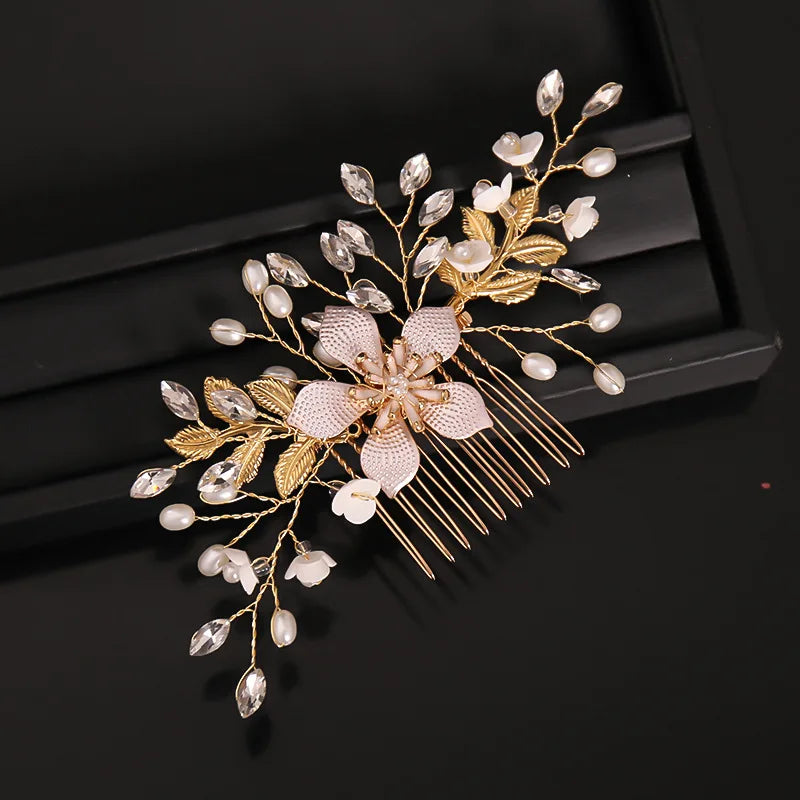 Flyshadow Bridal Wedding Pearl Flower Hairpin Side Comb Golden Leaf Shaped Alloy Tiaras Insert Jewelry Comb Hair Jewelry Bride Headwear