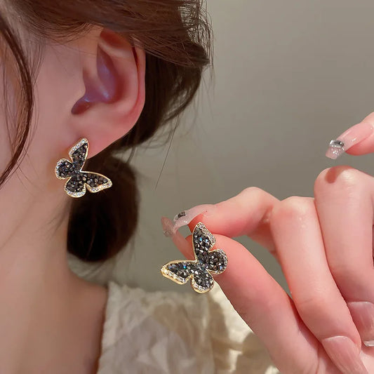 Flyshadow Black Crystal Butterfly Studs Vintage Rhinestone Earrings For Women Fashion Jewelry Accessories