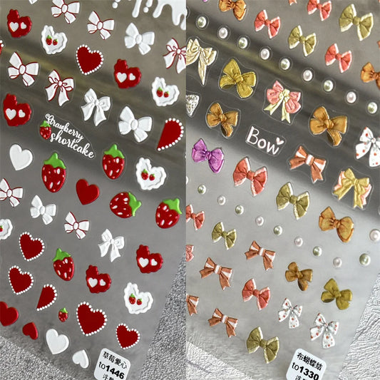 Flyshadow 1pcs 5D Relief Kawaii Strawberry Heart Nail Art Stickers Fashion Japanese Brown Bow Nail Decoration Decals DIY Nail Accessories
