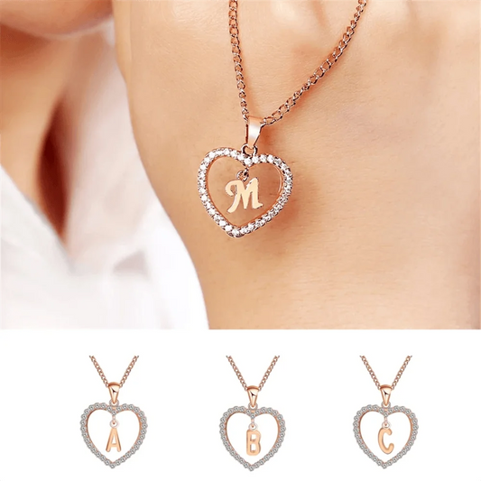 Flyshadow Rhinestone 26 Letter Pendant Necklace for Women Gold Color Heart Shape Clavicle Chain Fashion Long Sweater Chain Accessories