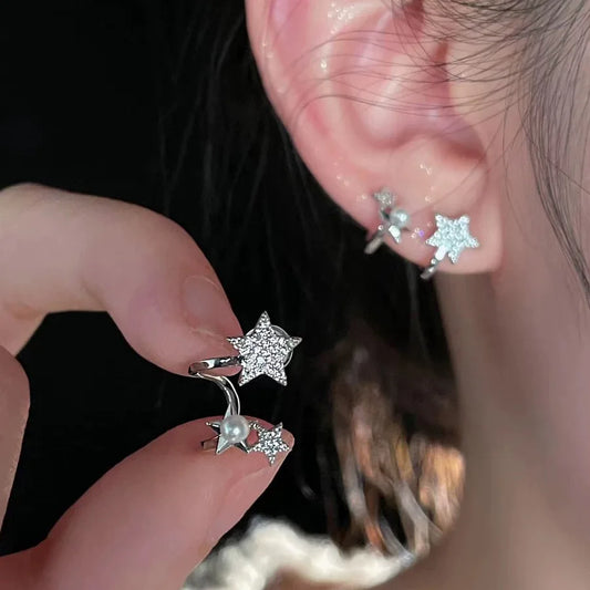 Flyshadow New Fashion Cute Star Pearl Stud Earrings For Women Sweet Girls Silver Color Crystal Earrings Wedding Jewelry Accessories Gifts