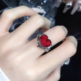 Flyshadow Y2K Red Thorn Heart Rings for Women Dark ZirconThorn Love Open Ring Goth Irregular Aesthetic Crystal Rings Set Jewelry