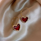 Flyshadow Sweet Burgundy Enamel Heart Earrings for Women Girl Gold Color Metal Love Heart Hanging Dangle Earrings Vintage Jewelry