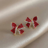 Flyshadow Christmas Red Zircon Crystal Bow Stud Earrings For Women Heart Shape Bowknot Christmas Earring Girl New Year Festival Jewelry