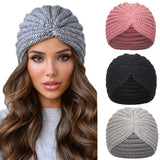 Flyshadow Women New Bandanas Turban Winter Knit Turban Cap Center Cross Hair Scarfs Boho Knotted Warm Headband Muslim Hat