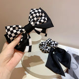 Flyshadow Retro fashion black and white checkerboard lattice type three-layer bow hairpin large intestine circle hair rope bow tie ribbon