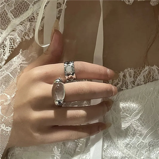 Flyshadow Ins New Design Sense Lava Texture Gemstone Open Ring Oval Transparent Stone Wide Version Women Ring