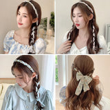 Flyshadow Elegant Pearl Hair Bands for Woman Fashion Long Ribbon Bow Girls Head Bands Pearl Braid Headbands Women Accessories scrunchie