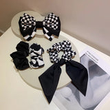 Flyshadow Retro fashion black and white checkerboard lattice type three-layer bow hairpin large intestine circle hair rope bow tie ribbon