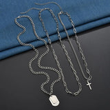 Flyshadow Multilayer Chain Necklace For Women Men Long Hip Hop Punk Cross Pendant Necklace Stainless Steel Charm Silver Color Jewelry Gift