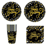 Flyshadow Gold Black Party Happy Birthday Banner Disposable Tableware Pink Paper Cups Plate Napkins For Kids Birthday Party Decor Supplies