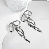 Flyshadow Korean Design Fashion Simple Silver Color Metal Line Bow Earrings Elegant Big Long Bowknot Drop Earrings Female