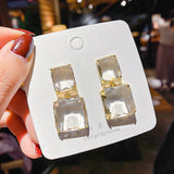 Flyshadow Fashion Luxury earrings Jewelry Double Square Earrings Transparent Glass Crystal Pearl Party Earrings Women Gifts