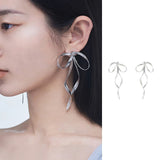 Flyshadow Korean Design Fashion Simple Silver Color Metal Line Bow Earrings Elegant Big Long Bowknot Drop Earrings Female