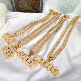 Flyshadow Punk Rock Baguette Letters Pendant Curb Cuban Link Necklace Men Women Full Rhinestone Shiny Thick Chunky Metal Chain Necklaces