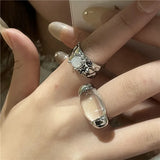 Flyshadow Ins New Design Sense Lava Texture Gemstone Open Ring Oval Transparent Stone Wide Version Women Ring