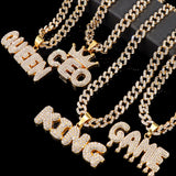 Flyshadow Punk Rock Baguette Letters Pendant Curb Cuban Link Necklace Men Women Full Rhinestone Shiny Thick Chunky Metal Chain Necklaces