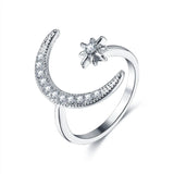 Flyshadow Fashion Finger Ring Silver Color Star Moon Rings For Women Wedding Party Jewelry Shine Crystal Metal Flower Opening