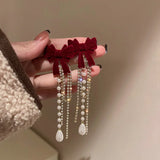 Flyshadow New Fashion Fine Pearl Drop Earrings Long Tassels Crystal Hyperbole Style Bowknot Women Elegent Dangle Earrings Jewelry