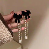 Flyshadow New Fashion Fine Pearl Drop Earrings Long Tassels Crystal Hyperbole Style Bowknot Women Elegent Dangle Earrings Jewelry