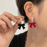 Flyshadow Red Black Bowtie Earrings for Women Girls Simulated Pearl Cloth Bow Tie Earrings Jewelry Ear Accessories Beautiful Gifts