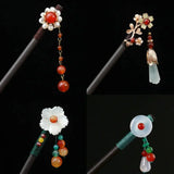 Flyshadow Retro Women Ebony Tassel Stepping Hair Stick Hairpin Chinese Style Handmade Hair Accessories Hanfu Headwear Flower Hair Fork