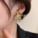 Flyshadow 3D Liquid Metal Flower Stud Earrings Fashion Irregular Fold Light Luxury Earrings Women's Statement Vintage Party Jewelry